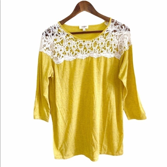 Umgee Flowy Lace Yellow White Boho Striped Blouse - Picture 1 of 6